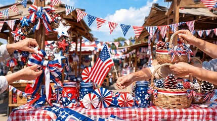 Fototapeta premium People arranging festive american independence day decorations on a rustic market table with patriotic items