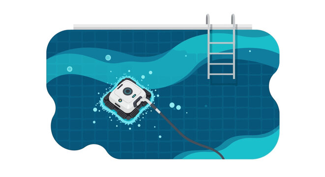 Automatic Robotic Pool Cleaner Vacuuming Under Water in Swimming Pool, Top View Flat Vector Illustration
