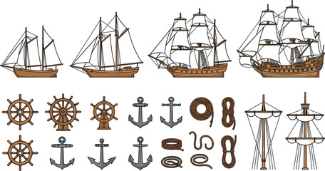 Vintage Wooden Sailing Ships and Nautical Equipment Vector Set Featuring Historical Galleons Ship Wheels Anchors Marine Ropes and Rigging Mast Icons © MstRakha