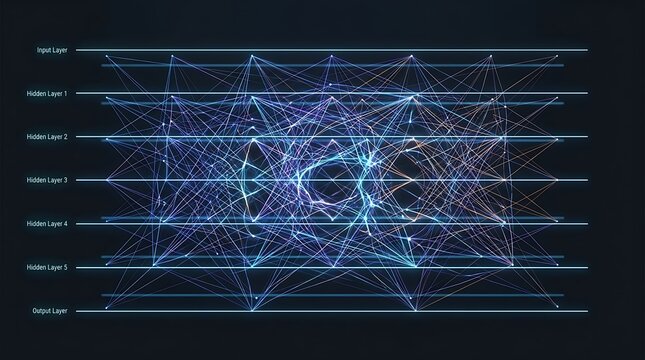 Deep learning neural network architecture with input, hidden, and output layers showing complex data processing connections transparent background