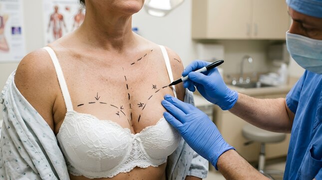 Surgical planning for breast reconstruction doctor marking patient for procedure
