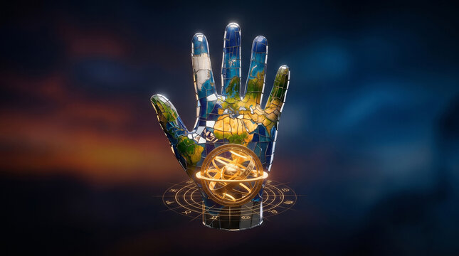 Mystical hand holding cosmic gyroscope representing interconnectedness of universe and destiny with astrological symbols on dark background.