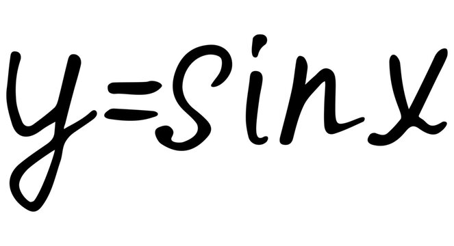 Handwritten vector math formula y equals sine of x. Trigonometric function equation in black lettering on transparent background