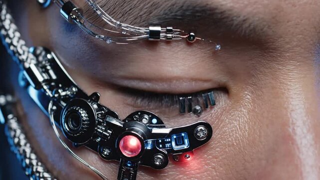 Cybernetic eye with robotic mechanical implants close up.
