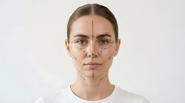 Cosmetic surgery planning woman's face with surgical markings for procedure