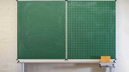School classroom background - Empty green school blackboard with sponge, close-up detail © Corri Seizinger