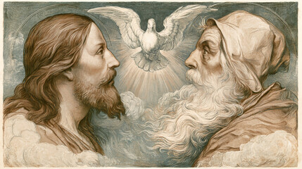 Fototapeta premium Two figures represent Jesus and God the Father. A dove symbolizes the Holy Spirit. Rays of light shine from behind the dove in a religious scene