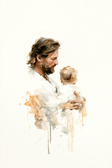 Fototapeta premium Jesus holds a baby in his arms, showing a moment of love and care. The setting is simple, reflecting a time of warmth and family
