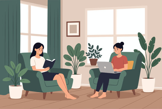Two female roommates relax in a cozy living room, with one reading a hardcover book and the other working on a laptop in green armchairs.