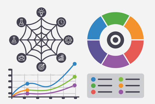 Diverse infographic elements include a spider web diagram, a colorful donut chart, and a multi line growth graph.