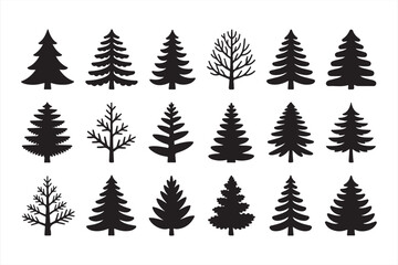 Fototapeta premium Stylized evergreen tree silhouettes set for mountain landscapes and outdoor adventure kits.