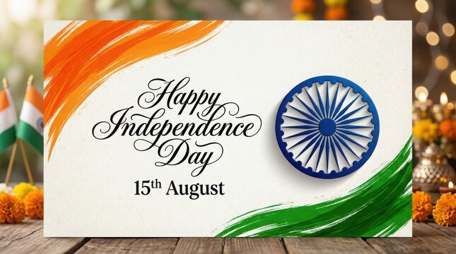 Festive indian independence day backdrop with marigold flowers and national flag colors brush strokes on wooden surface.