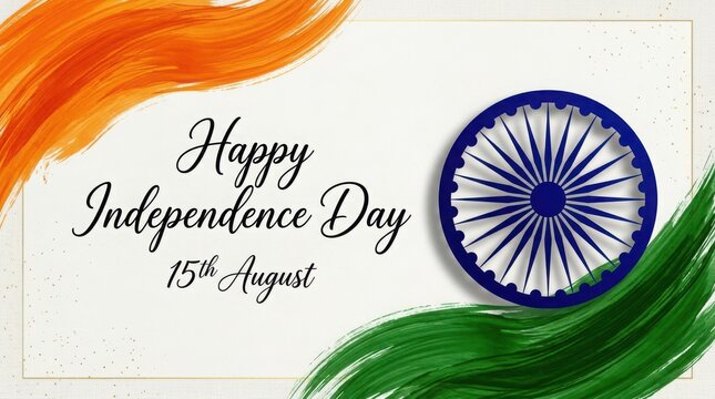 Indian independence day web banner with elegant brush paint tricolor design and traditional ashoka chakra wheel symbol.