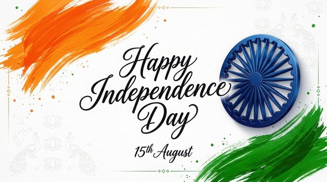 Happy independence day creative greeting card with saffron and green brush stroke background and blue ashoka wheel illustration.