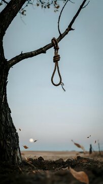 Dead tree with hanging noose in an empty landscape during daytime