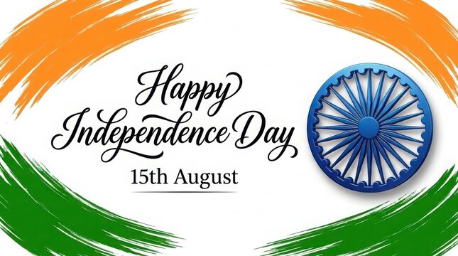 Happy independence day digital art with elegant tricolor brush strokes and traditional ashoka wheel on white background.