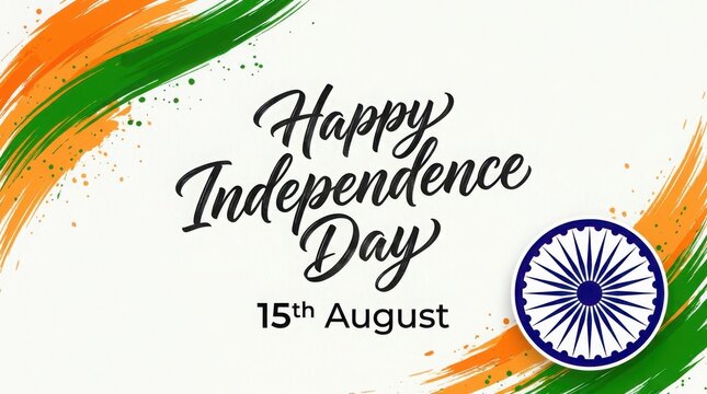 Creative happy independence day background with sweeping saffron and green brush textures and centered ashoka wheel icon.