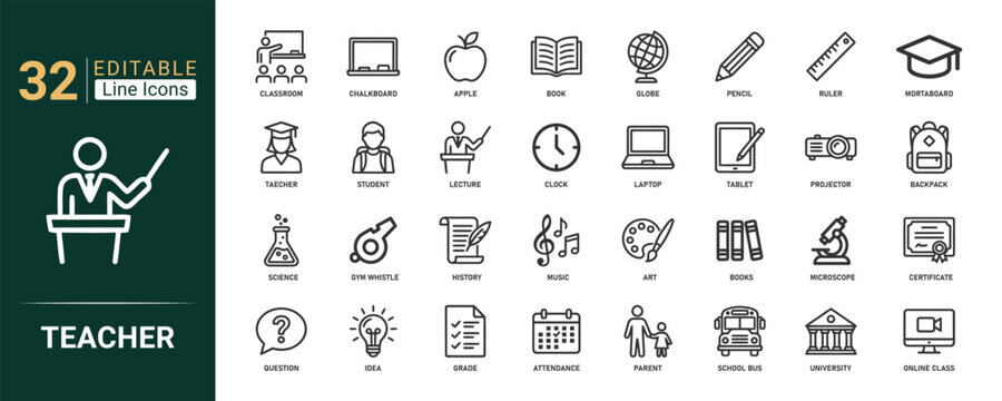 Teacher and classroom icon set, 32 outline symbols showing lecture, chalkboard, student and school supplies for education and teaching symbol vector.