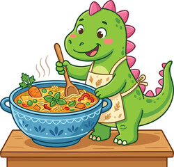 Cute cartoon green dinosaur chef vector illustration, little dragon cooking delicious hot vegetable noodle soup.