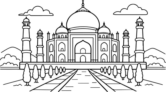 Taj Mahal, Inde, dessin au trait dessin&eacute; &agrave; la main, illustration style gribouillage, page de coloriage pour enfants