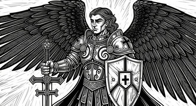 Powerful Winged Warrior Angel in Ornate Armor with Sword and Shield, Black and White Fantasy Art, Divine Guardian Illustration