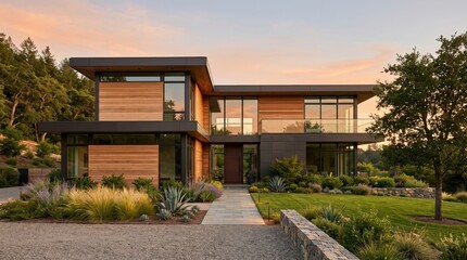 Fototapeta premium Modern luxury house with wood facade and landscaped garden