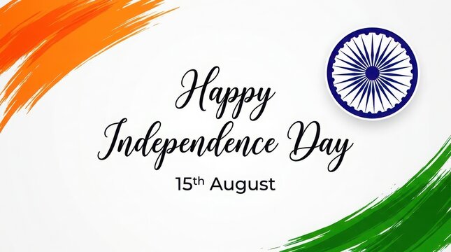 Indian independence day greeting card with saffron brush strokes at top left corner and green brush strokes at bottom right.