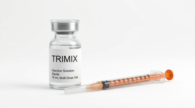 Trimix Prescription Injection Vial with Syringe on White Background