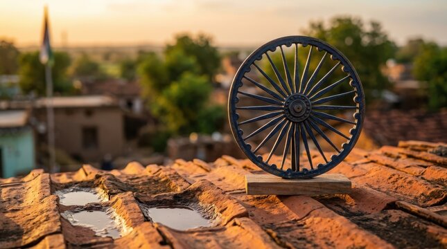 Decorative iron ashoka chakra wheel mounted on stand placed atop rustic terracotta roof tiles during golden hour at dusk.