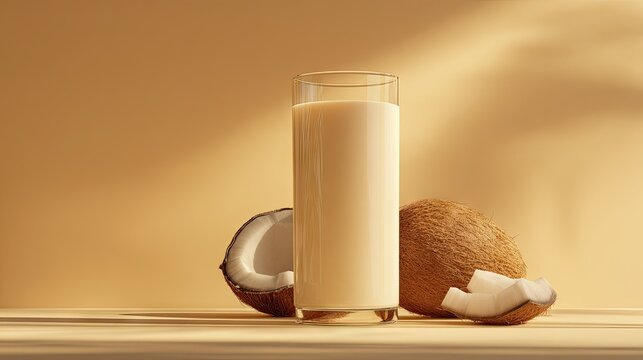 A glass of fresh coconut milk with whole and cracked coconuts on a wooden table.
