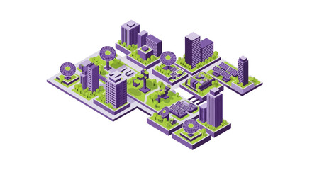 Fototapeta premium Isometric Smart City Illustration with Solar Panels and Sustainable Green Urban Architecture