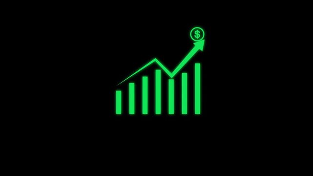 Green neon financial growth bar chart with upward zigzag arrow and dollar icon animation showing business performance analytics revenue increase profit investment concept