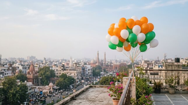 Bunch of colorful balloons floating above rooftop with cityscape background representing celebration for independence day.