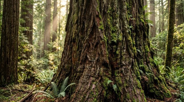 Giant tree trunk in sunlit forest