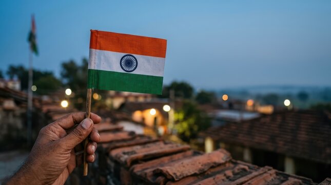 Close up of person hand holding small indian national flag against blurred village background at dusk with dark skyline.