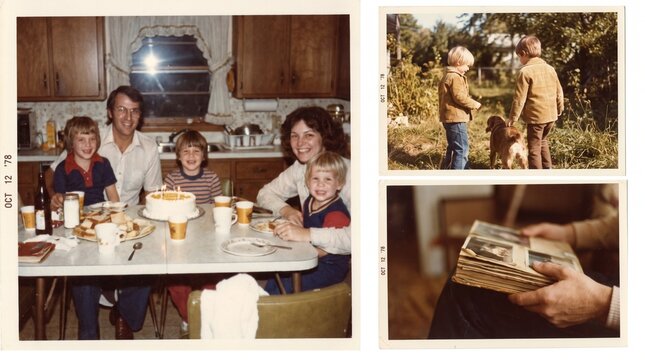 Retro 1970s family photos of a birthday party kids with dog and photo album