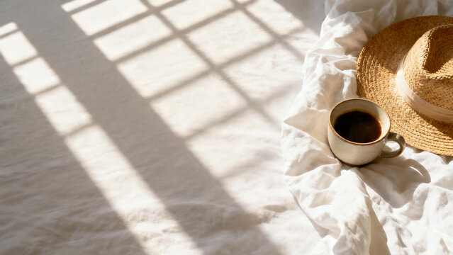 Minimalist Morning Bed Coffee with Copy Space