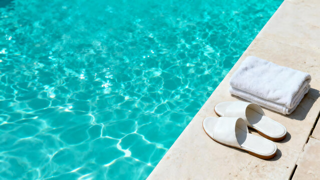 Luxury Poolside Staycation with White Sandals and Towel