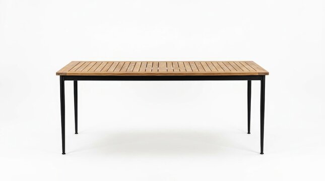 Modern Outdoor Dining Table with Slatted Wood Top and Black Legs