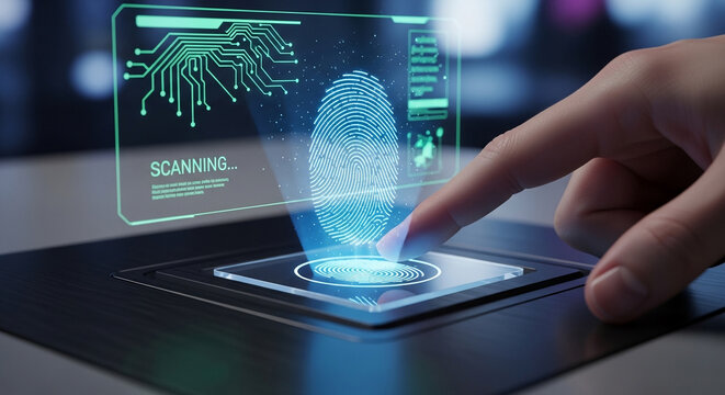 Biometric authentication fingerprint scanning technology on a futuristic interface panel