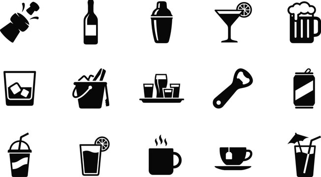 Set of black icons representing various alcoholic and non-alcoholic drinks and bar tools for restaurant or pub menu design