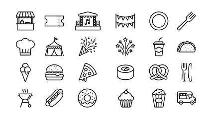 Black and white line drawing icons of various food and festival related items on transparent background  food truck ticket booth tent fireworks star cupcake pretzel fork knife © Innovation Galary