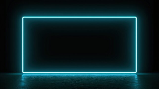 Neon light rectangle sign on dark background with reflective floor