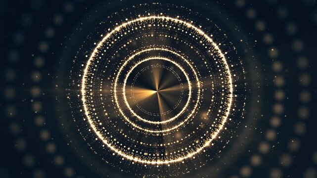 Abstract golden particles forming a circular tunnel background 金色の粒子が集まり同心円のトンネルを作る背景