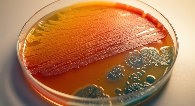 Dense bacterial colonies growing in a petri dish on nutrient agar