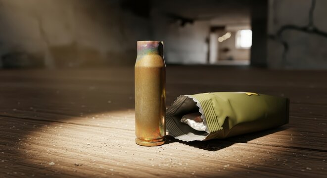 Detailed Brass Bullet Casing Resting Beside an Open MRE Package