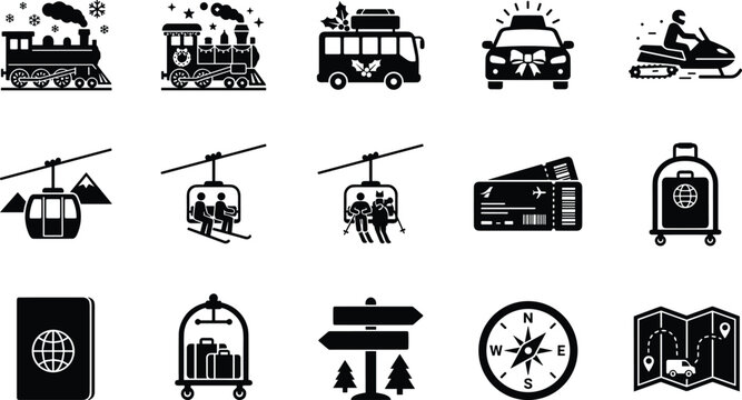 Set of black travel and vacation icons including transport like trains snowmobiles cable cars and luggage and maps symbols