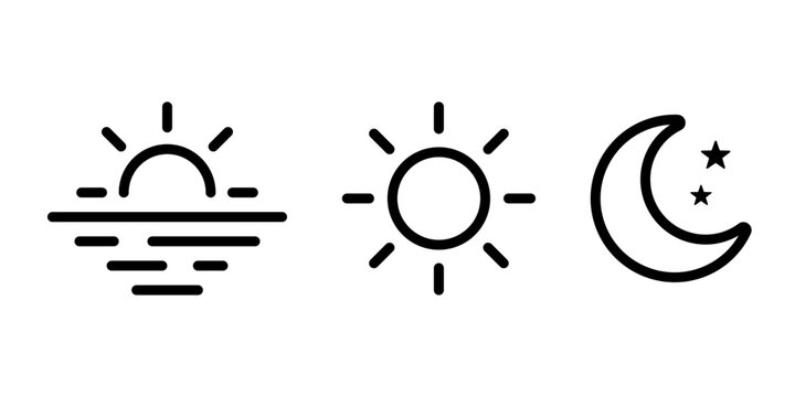 Day and night cycle icon set with morning sunrise, noon sun, evening sunset and night moon with star