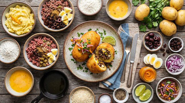 Peruvian Papa Rellena with fresh ingredients. Traditional stuffed potato from Peru, top view