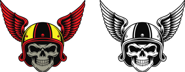 Two dynamic skull emblems wearing winged helmets, one in a striking red and yellow color scheme, the other in a classic black and white silhouette, conveying speed and power © QueenMomtaz 